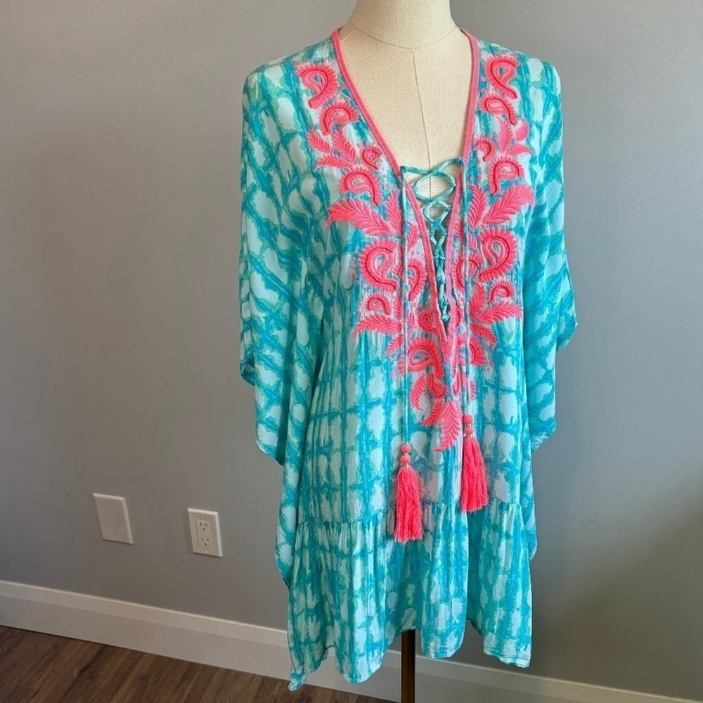 Lily Pulitzer, Tullie, Embroidered and Beaded, Blue and pink, Swim Coverup, XS